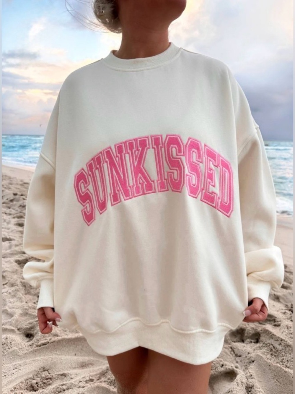 Sunkissed Coconut Ivory and Hibiscus Pink Varsity Embroider Sweatshirt